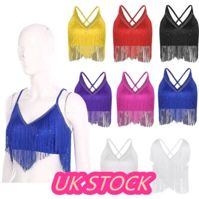 Women Belly Dance Bra Tops V Neck Sleeveless Fringe Crop Top Performance Costume
