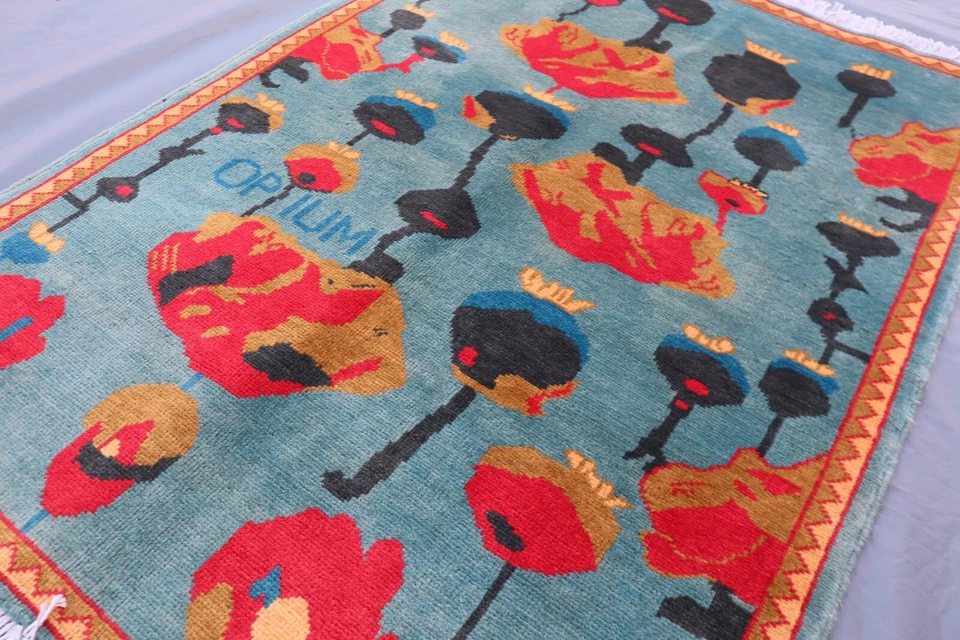 Ковер афганской войны из опийного мака 2x3 — шерстяной ковер ручной работы — сине-зеленое поле. - Изображение 4 из 4