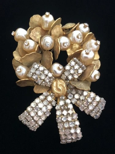 Stunning 3" Vintage Signed MIRIAM HASKELL Gold-Tone Pearl Rhinestone Brooch Pin