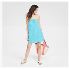 Universal Thread Mini Dress Women M Blue New Striped Lace Up Back Cotton Pockets