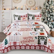 Christmas Quilt Set Size Christmas Tree and Christmas Deer Snowman Queen Cream