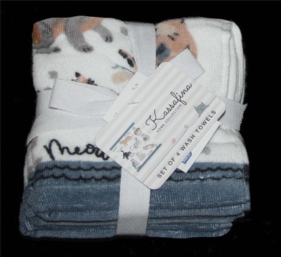 4  Kassafina Varied Cats ''purr'' ''meow'' 12'' x 12'' Velour Wash Cloths NWT