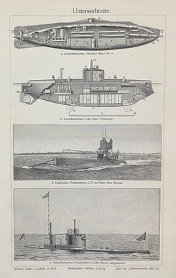 Originalgrafik Militaria: U-Boote Unterseeboote Tauchboot submarine um 1900 - Bild 1 von 4