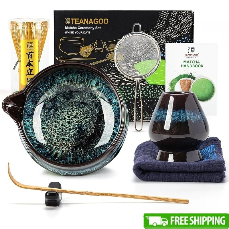 7PCS Matcha Whisk Set Bamboo Scoop Ceramic Bowl Whisk Holder Cotton Cloth Sifter