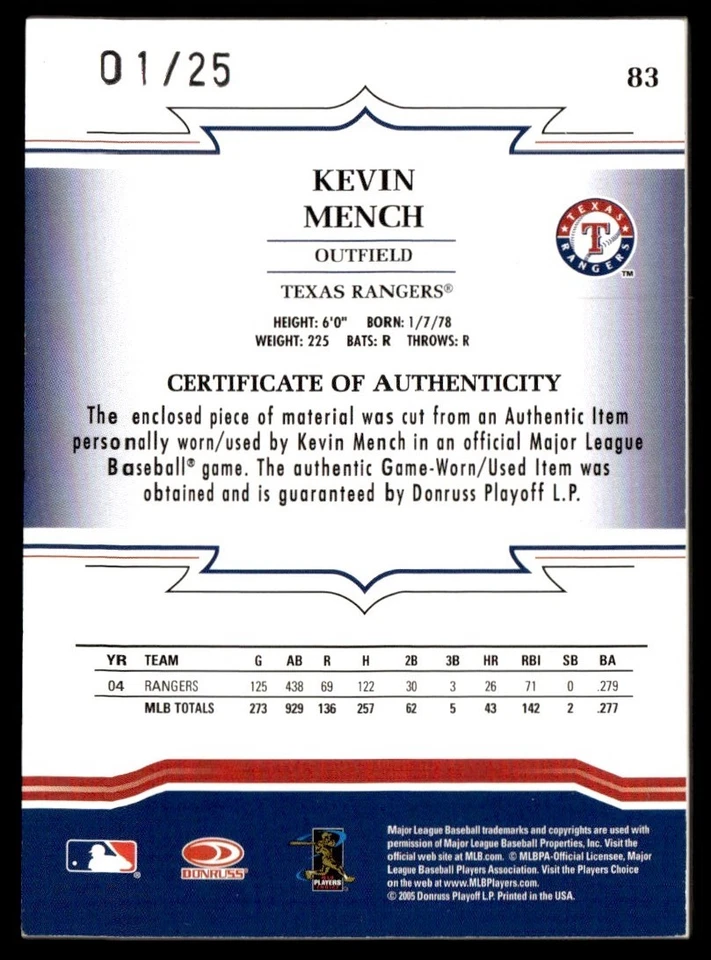 2005 Donruss Throwback Threads Material Prime Kevin Mench 01/25 Texas Rangers - Image 2 of 2