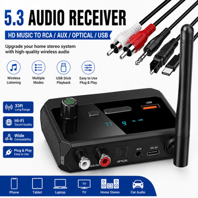 Bluetooth 5.3 Home Stereo Audio Receiver AUX USB Optical HD Music to RCA Adapter