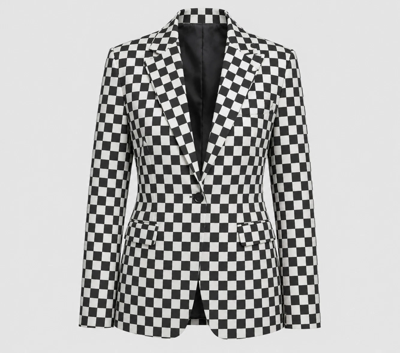 Black White Checker Print Leather Blazer/Coat Women's Tailored Jacket