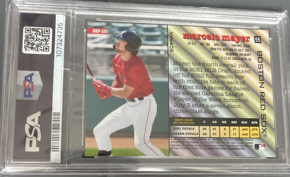 2022 Bowman Heritage #BHP-133 Marcelo Mayer Prospect Image VARIATION SP PSA 8 - Image 2 of 2