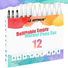 Set of 12 Empty Fillable Marker Pens Set, Refillable Watercolour Brush Pens& Pa