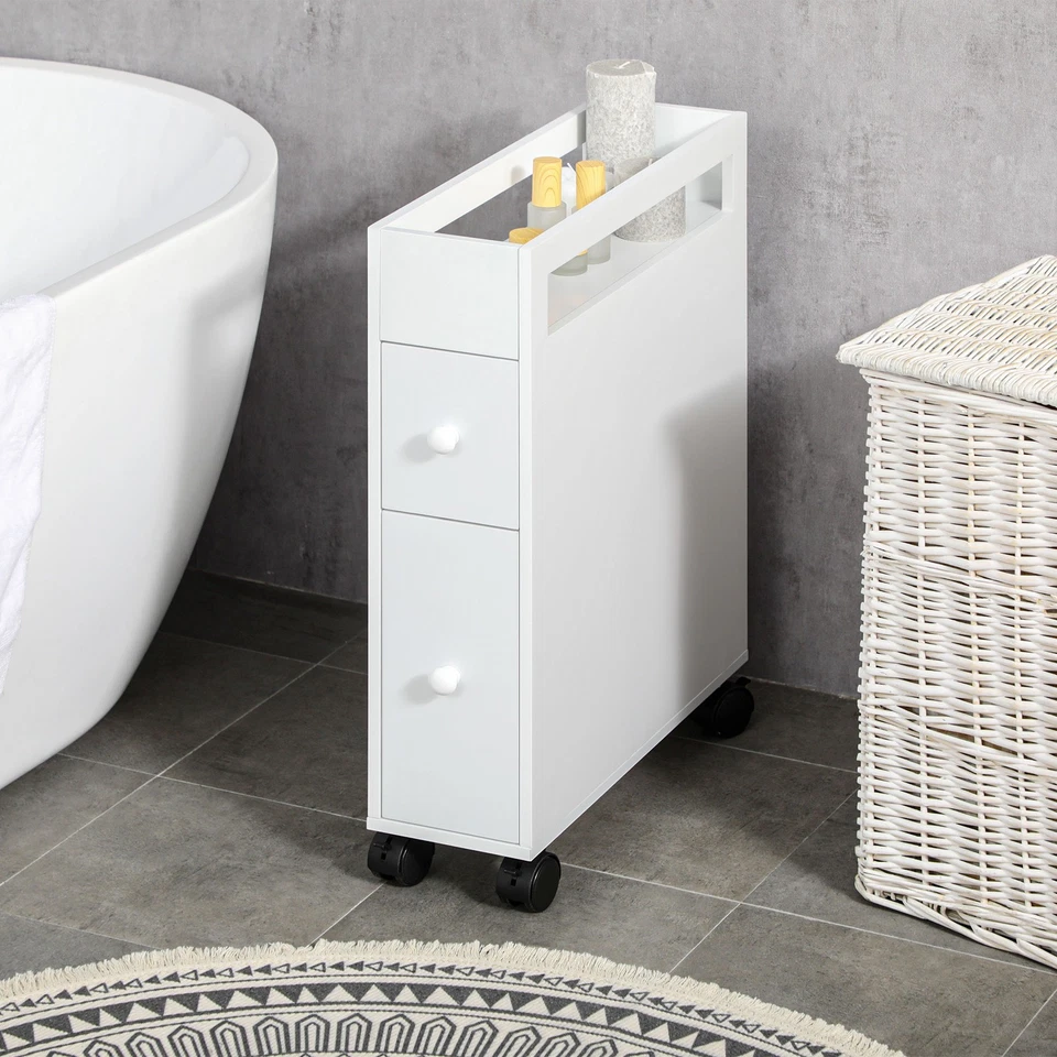 Badezimmerschrank mit Rollen, Nischenschrank mit 2 Schubladen, offenem Fach - Bild 3 von 4