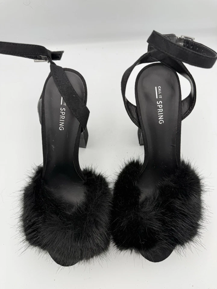 US 8.5 M Black Maribou Fur Feather Platform High Heels Faux Suede Open Toe 1477F - Image 3 of 4