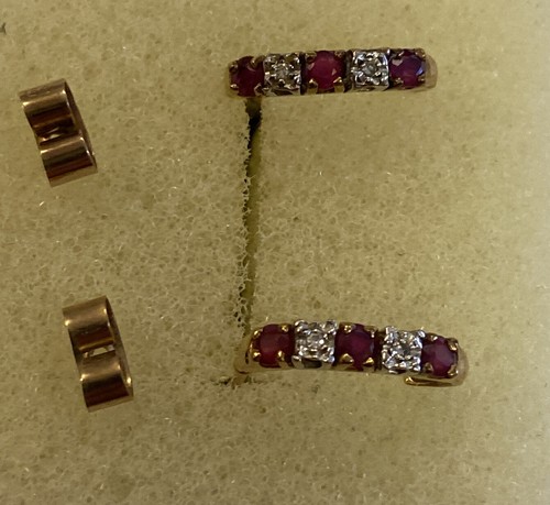Ladies 9ct Yellow & White gold Ruby Diamond J Hoop Drop Earrings Butterfly Backs - Picture 6 of 24