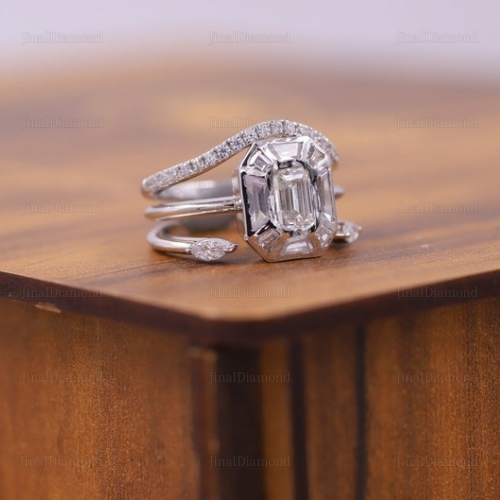 6X4MM Emerald Cut Lab-Grown Diamond Unique Halo 14k Gold Wedding Ring Set - 3PCS - Bild 4 von 8