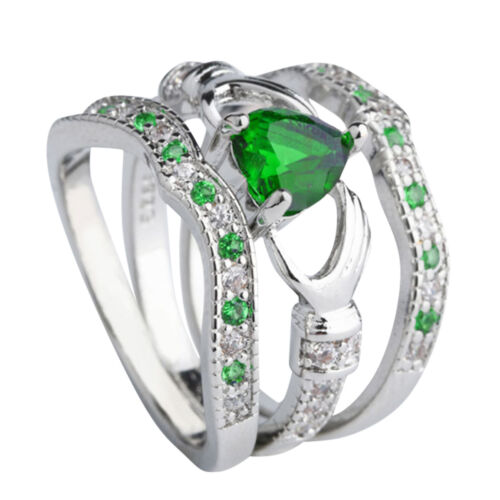 Juego de 3 piezas de anillo de boda amatista corazón Claddagh plata moda joyería - Imagen 19 de 33
