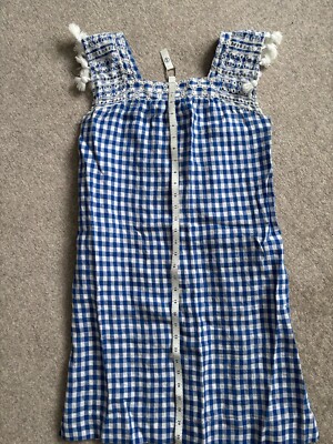 Women s XS J McLaughlin blue & white gingham cotton shift Dress w/white tassels