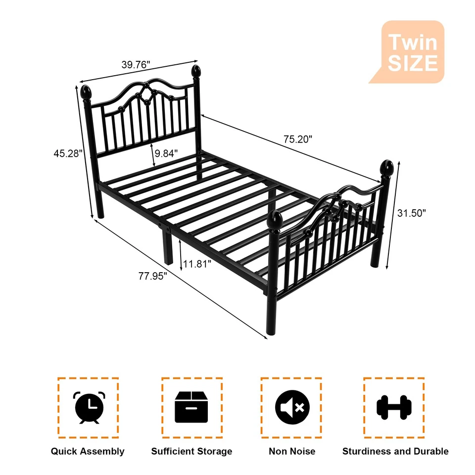 Cama con plataforma de metal con marco de cama tamaño queen con cabecero y pie de cama victoriano Foto 2 de 4