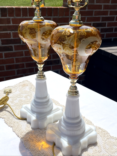 Vtg PAIR Amber Cut Etched Czech Glass Boudoir Table Lamps Art Deco Sandwich MCM