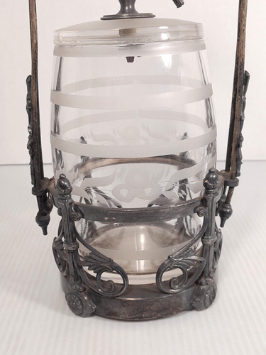 Atq Victorian EAPG Glass Etched Pickle Castor Barrel Pheasant Lid Simpson Hall - Picture 3 of 18
