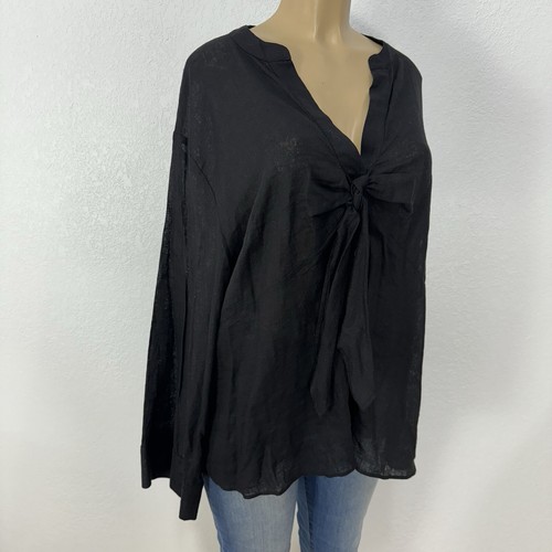 Michael Kors Black Linen Blend Tie Front Tunic Shirt Womens Size 1X Casual Tops - Picture 2 of 23