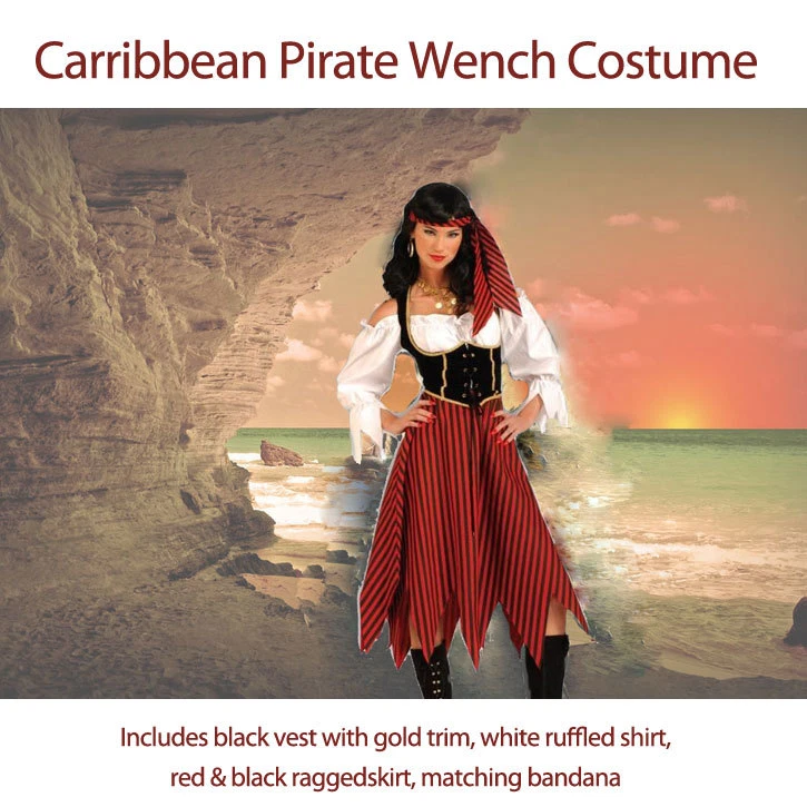 Caribbean Pirate Maiden Costume Adult Wench Women 6-14 Halloween Dress Bandana - Image 2 of 3