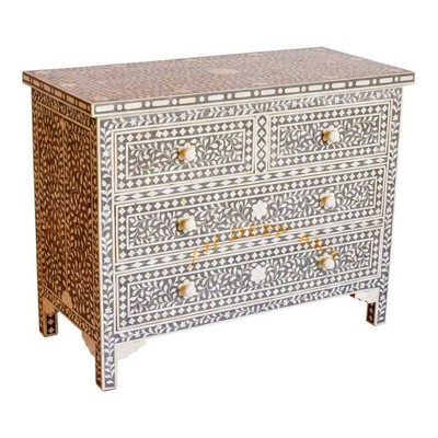 Handmade Bone Inlay Floral Gray Dresser Chest Of Drawer Sideboard