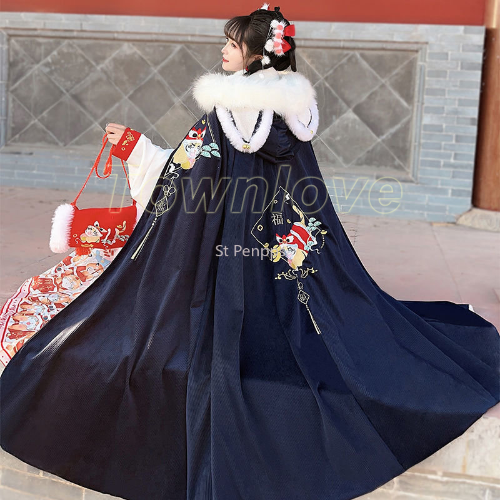 Cloak Hanfu Women Long Style with Velvet Coat Chinese Style Hooded Cape Ancient - Picture 4 of 18