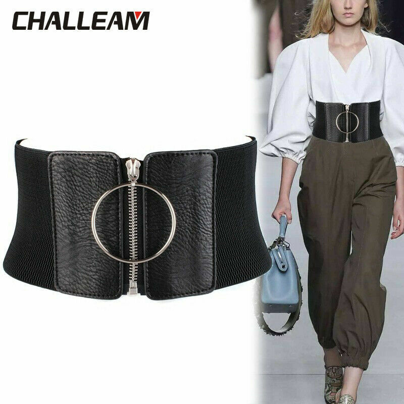 Women's Faux Leather Wide Belt Metal Ring Dress Shirt Zipper
