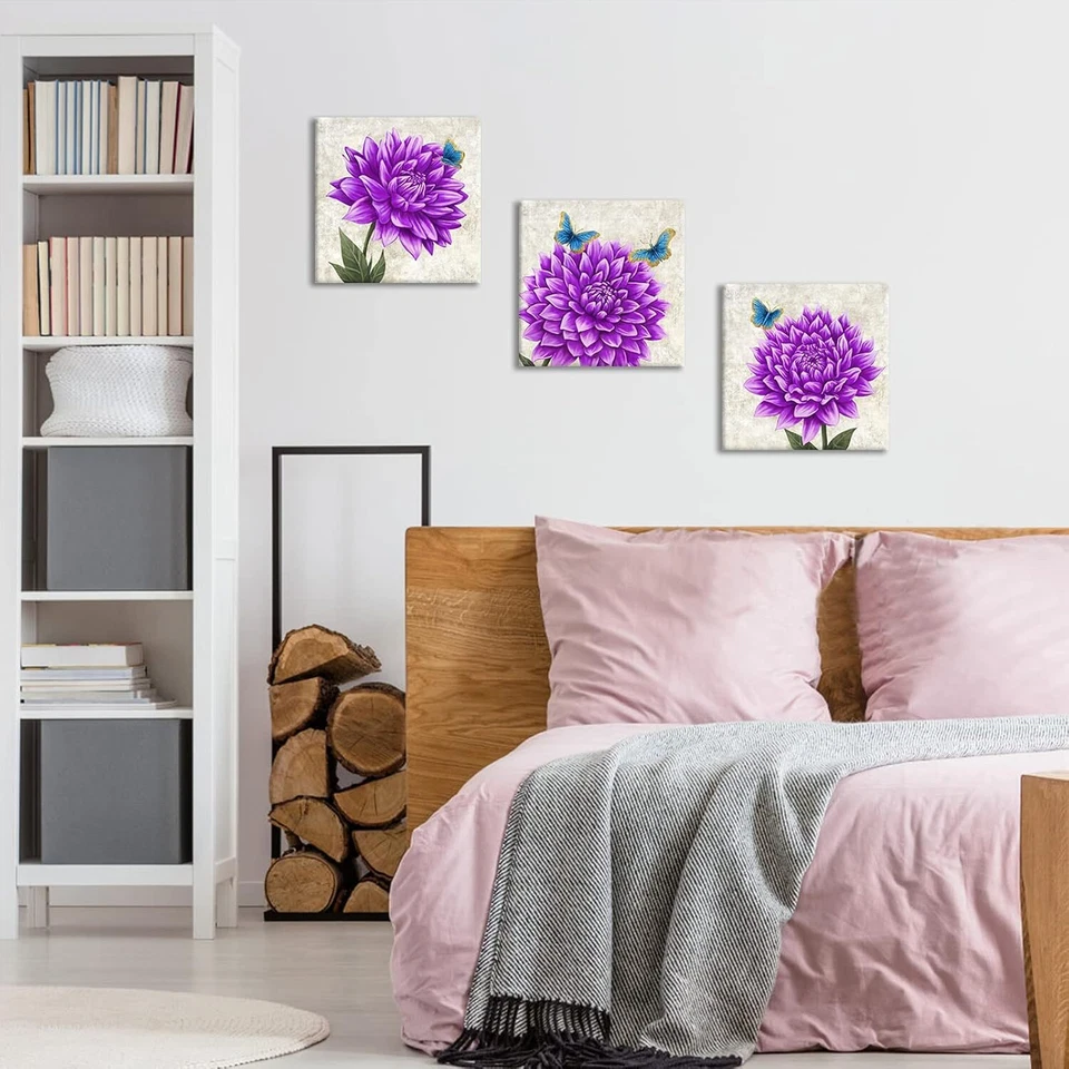 Arte de pared con flores púrpuras KLVOS impresiones en lienzo de dalia imagen de mariposa impresión de giclee Foto 2 de 4