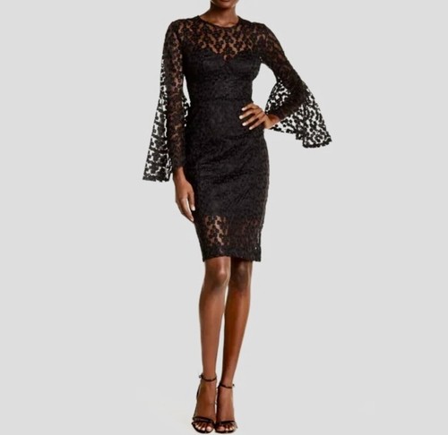 Vestido Alexia Admor Encaje + Mangas de Campana de Crochet Superpuesto Midi en Negro | Talla 6 🙂 - Imagen 9 de 9
