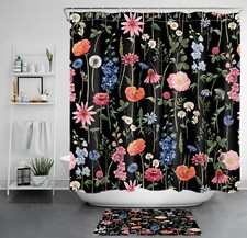 Spring Green Leaf Pink Wildflower Black Shower Curtain Bathroom Accessories Set