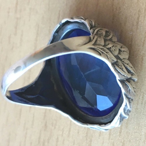 VINTAGE 925 STERLING SILVER LARGE SAPPHIRE COBALT BLUE GLASS RING - Picture 10 of 13