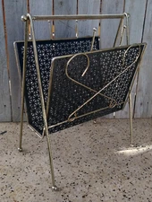 Vintage Mid Century Gold Black Wire & Perforated Metal Magazine Rack Stand
