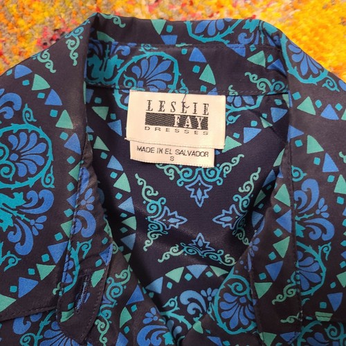 Vintage 80s Leslie Fay Dress 12 Blue Abstract Pleated Belted Secretary - Picture 10 of 11