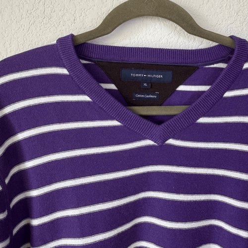 Tommy Hilfiger Men’s Sweater Sz XL Purple Striped Cashmere Blend Pullover Preppy - Picture 2 of 5