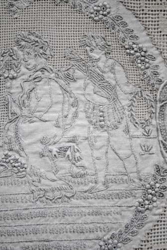 Antique Embroidered Appenzel Figural Pair of Oval Linen Boudoir Pillow - Picture 20 of 23