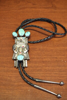 Vintage John Larson Navajo SS Large Turquoise Kachina Bolo Tie (015PID ...