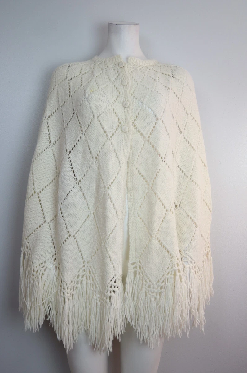 WOMENu0026#039;S IVORY OFF-WHITE PONCHO SHAWL SWEATER - FRINGE - HANDMADE | eBay