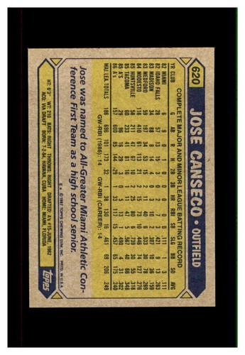Tarjeta de béisbol Joseph Canseco Topps 1987 novato #620 Oakland Athletics - Imagen 2 de 2