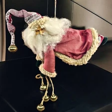 VTG Primitive Folk Art Santa Father Christmas Hanging Ornament Move Arms Bells