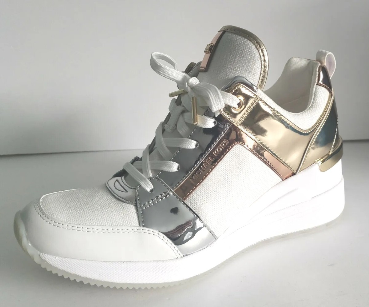 Michael KORS GEORGIE CANVAS GOLD SILVER MIRROR WEDGE SEXY SNEAKERS