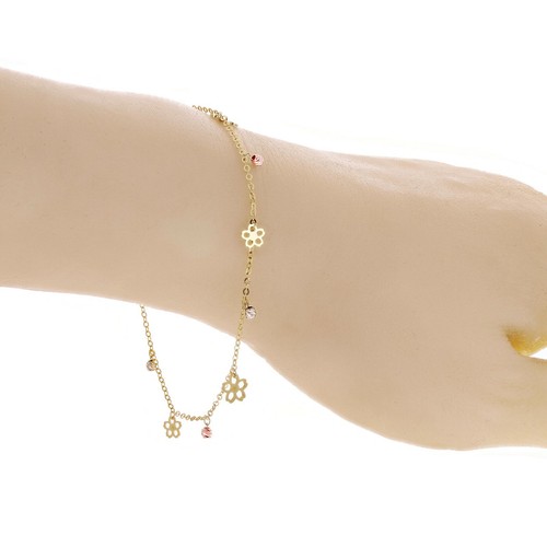 Italian 14k Tri Color Gold Flower & Ball Beads Charm Anklet Bracelet 10" 2 grams - Picture 4 of 5