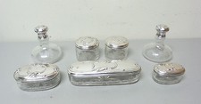 7-PIECE ANTIQUE FRENCH? ETCHED GLASS DRESSER SET, EMBOSSED STERLING SILVER TOPS