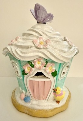 Aqua Easter Cupcake Gingerbread House LED LIGHTING NEW with Yellow Chick
