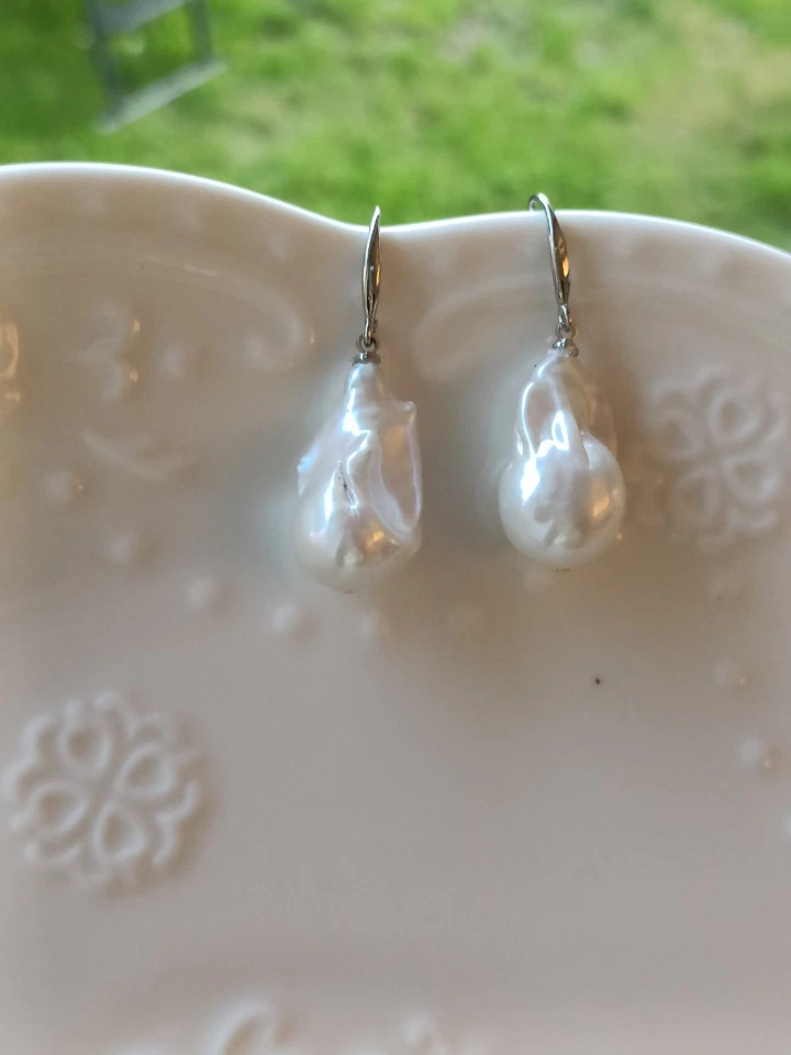 Paar elegante S925 Ohrringe mit großem weißen BarockPerl-Tropfen - unregelmäßige - Bild 2 von 4