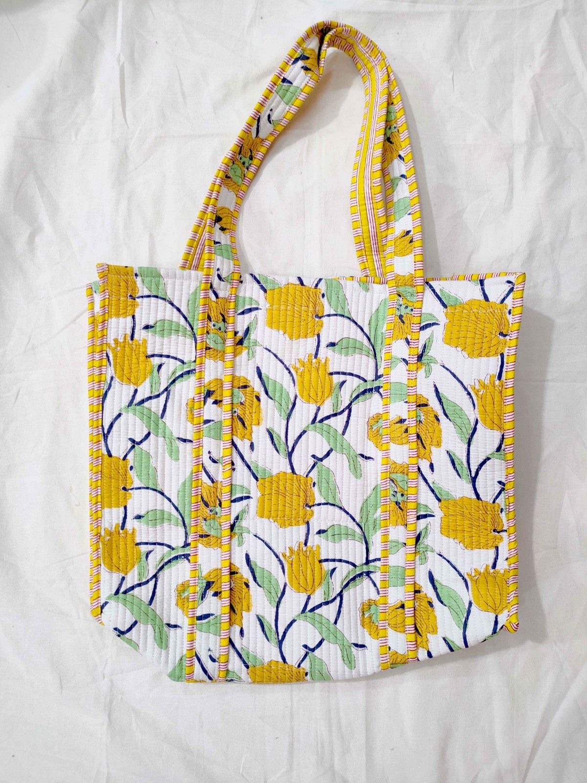 Indian Yellow Floral Printed Quilt Shoulder Bag Women's Beach Cotton Handbag US