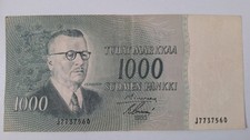 1000 Markkaa Banknote 1955 Finland P93 Clean and Crisp Very Rare