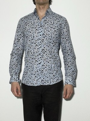 Olymp Langarm Hemd Shirt Oberteil Blau Blumenmuster Level 5 XL 42 16,5 Body Fit
