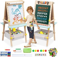Kids Easel with Paper Roll Double-Sided Whiteboard  Chalkboard Wooden Art Ea...