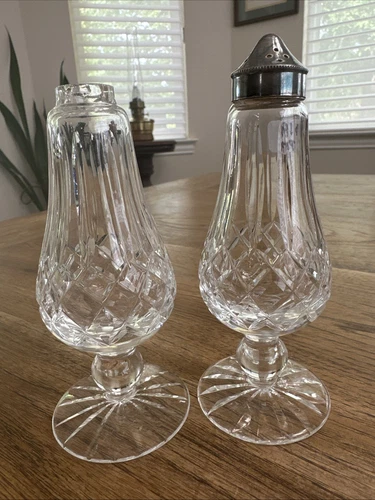 1980s Waterford Crystal Lismore Pattern Footed Salt & Pepper Shaker Set