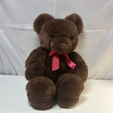 GUND Teddy Bear, Red Bow VTG, Chocolate Dark Brown Stuffed Animal Plush 14 1983